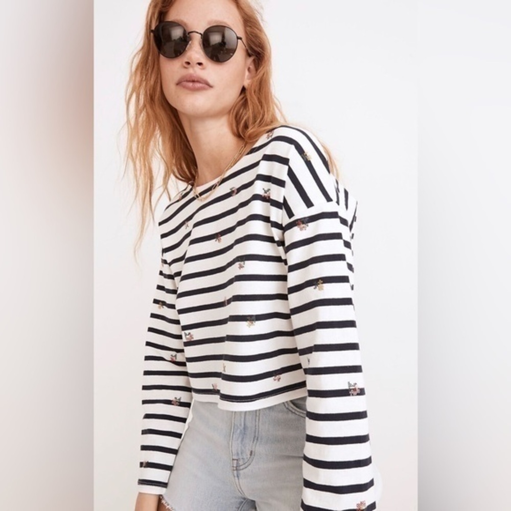 Madewell Shirt Striped Embroidered Floral Cropped Bell Sleeve Tee Stripe Coastal